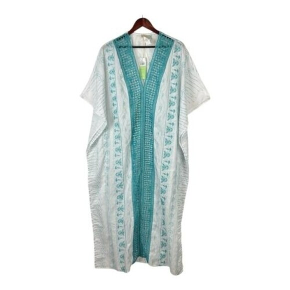 NEW RIO DE JAS size large White Blue embroidered Kaftan Mumu Dress Maxi Poncho - Picture 8 of 15